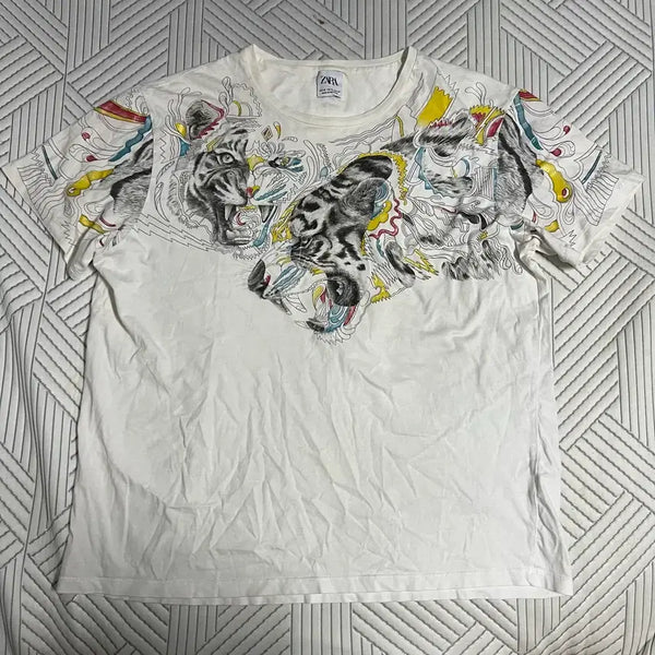[BUNJANG] Zara Tiger Graphic Vintage T-Shirt XL / 자라 호랑이 프린팅 빈티지 반팔 XL 타이거 그래픽 화이트 아메카지
