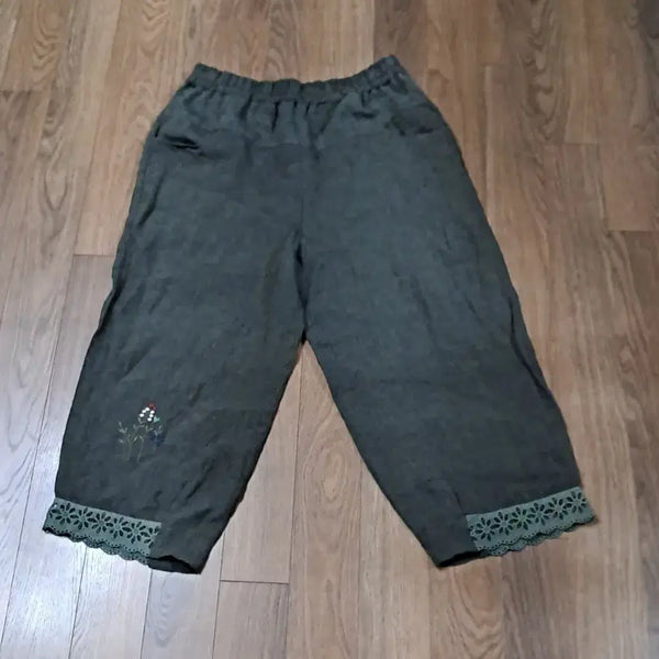 [BUNJANG] Linen Pants with Lace and Embroidery Detail / 레이스배색 자수 린넨 바지