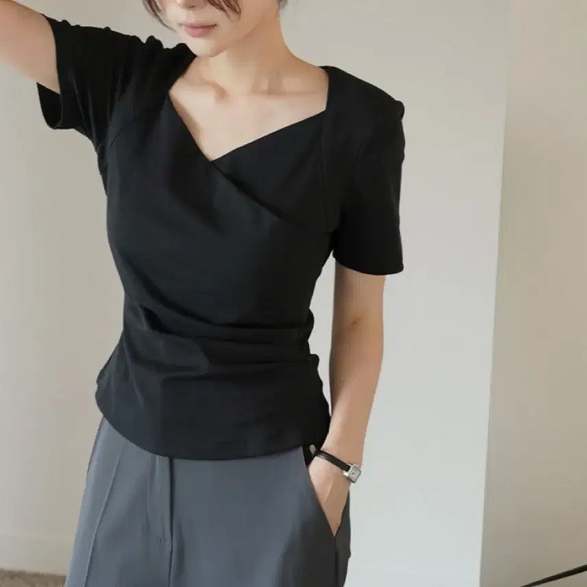 [BUNJANG] Riri & Co. Cooling Cotton Spandex Wrap Bolero Short Sleeve Top / 리리앤코 자체제작 쿨링코튼스판 랩 볼레로 반팔 L / 택달린 새상품