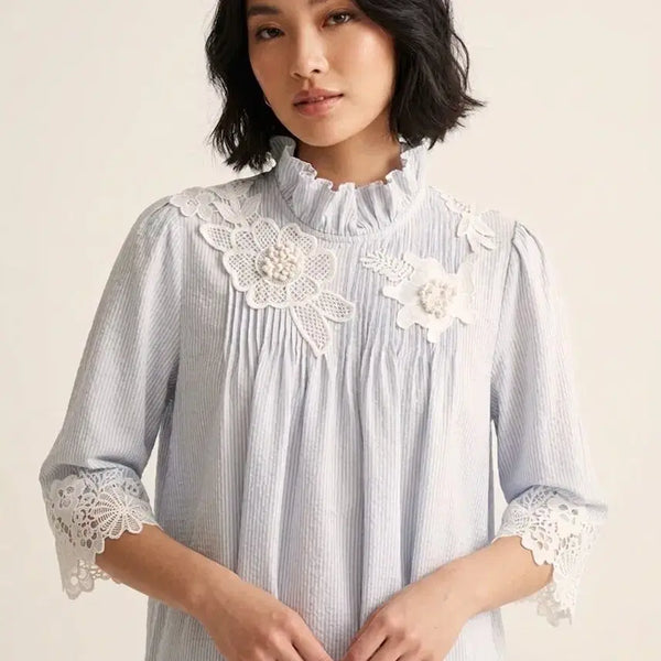 [BUNJANG] 100% Linen Flower Lace Blouse FREE / 린넨100% 플라워 레이스 블라우스 FREE | 러블리 A라인
