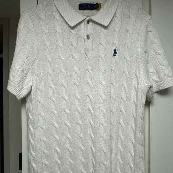 [BUNJANG] Polo Cable Knit Collar T-shirt White / 폴로 카라니트티