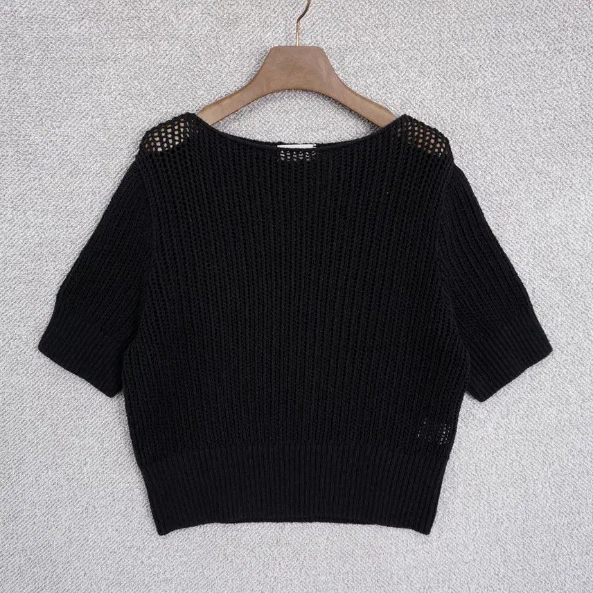 [BUNJANG] Sochii 21SS Women's Boatneck Net Short-Sleeve Knit Top (Free Size, Black) / 소치이 21SS 여성 보트넥 네트 반팔 니트 free