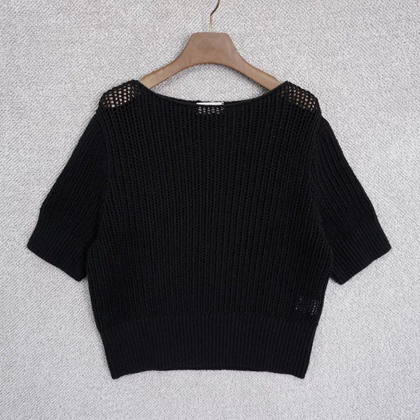 [BUNJANG] Sochii 21SS Women's Boatneck Net Short-Sleeve Knit Top (Free Size, Black) / 소치이 21SS 여성 보트넥 네트 반팔 니트 free