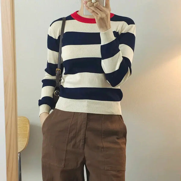 [BUNJANG] Women's Long Sleeve Knit Stripe Contrast / (F)여성 긴팔 니트 스트라이프 배색