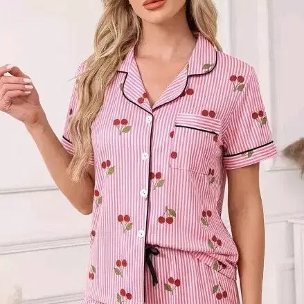 [BUNJANG] Pink Striped Cherry Print Pajama Set (Plus Size) / 핑크 줄무늬 체리 프린트 잠옷 세트