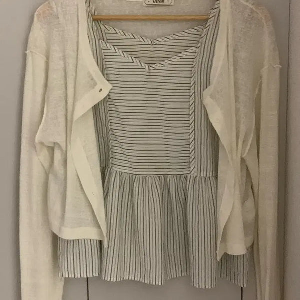 [BUNJANG] Venir Striped Blouse and Cardigan Set / 도매택 베니르 나시+가디건 세트