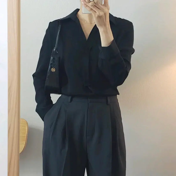 [BUNJANG] Nice Claup Women's Long Sleeve Open Collar Blouse - Black / (85-94-160)나이스클랍 여성 긴팔 오픈카라 블라우스 블랙