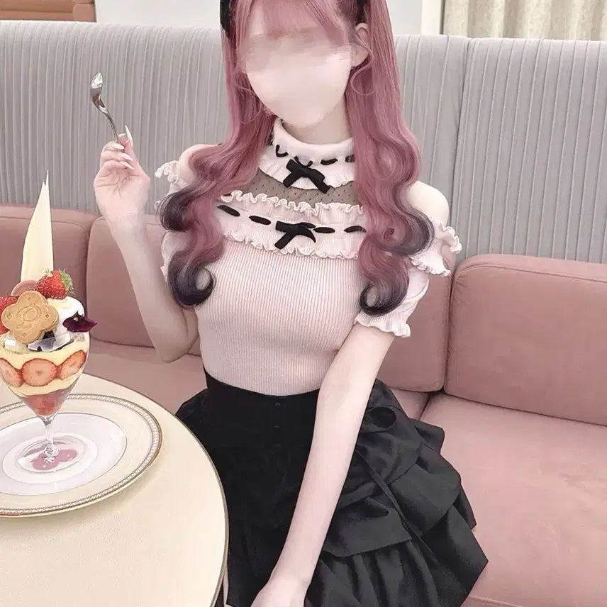 [BUNJANG] Honey Mew Dot Frill Ribbon Top Pink / 일브 허니뮤 honey mew 도트 프릴 리본탑 핑크 양지뢰 로걀