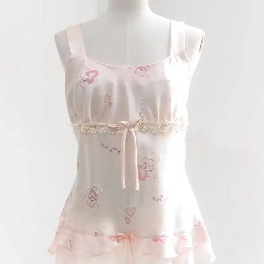 [BUNJANG] Pink Teddy Bear Bustier Slip Dress / 핑크 곰돌이 테디베어 뷔스티에 슬립 프릴 나시 갸루 로걀 라떼갸루 일본 빈티지