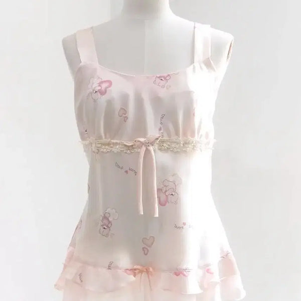 [BUNJANG] Pink Teddy Bear Bustier Slip Dress / 핑크 곰돌이 테디베어 뷔스티에 슬립 프릴 나시 갸루 로걀 라떼갸루 일본 빈티지