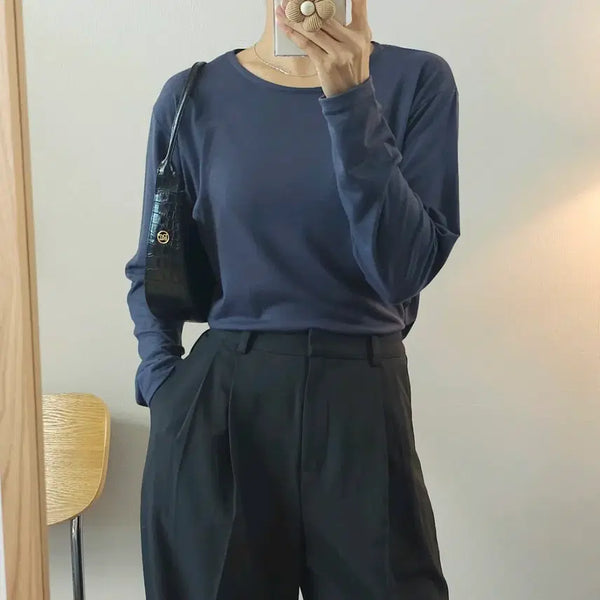 [BUNJANG] Women's Long Sleeve Loose Fit Basic Inner T-Shirt / (F)여성 긴팔 티셔츠 루즈핏 국내생산 기본 이너티