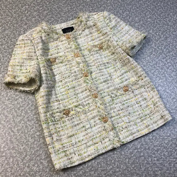 [BUNJANG] Byssiny Pearly Glitter Pearl Tweed Short Sleeve Jacket / 바이씨니 byssiny 반팔 진주 글리터 펄 트위드 자켓 결혼식 하객룩 연두색
