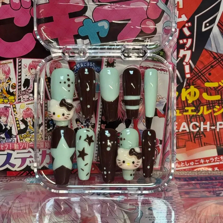 [BUNJANG] Handmade Mint Chocolate Kitty Nail Tips (Ballerina Shape) / 민트초코 키티 수제 네일팁
