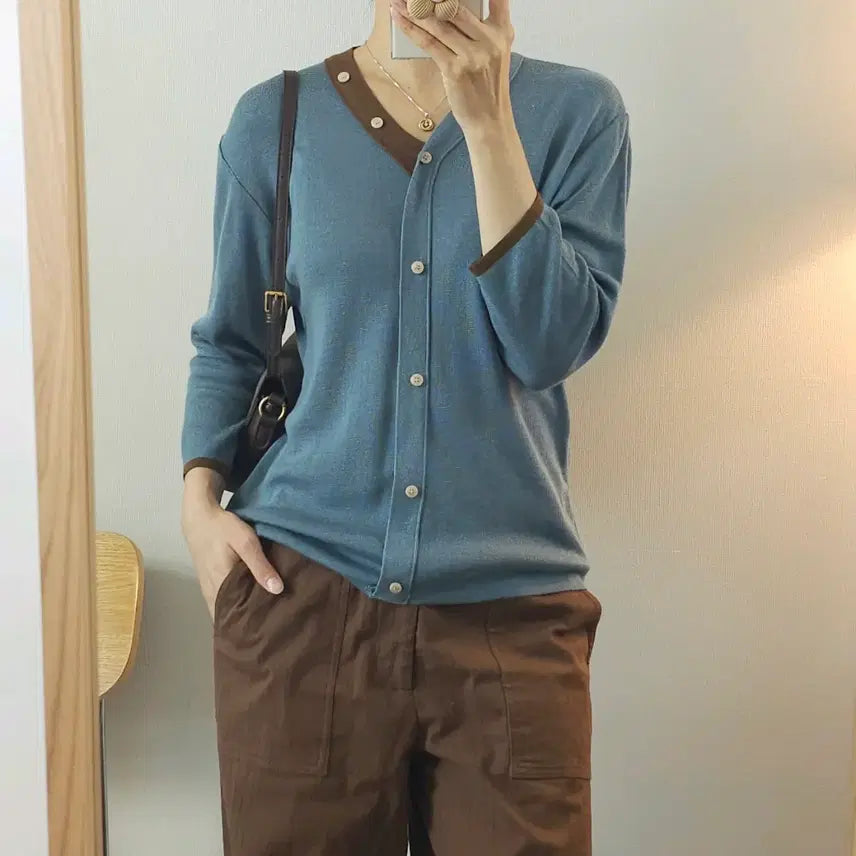 [BUNJANG] The Tilbury Women's Long-Sleeve Knit with Brown Color Blocking / (F)더틸버리 여성 긴팔 니트 배색