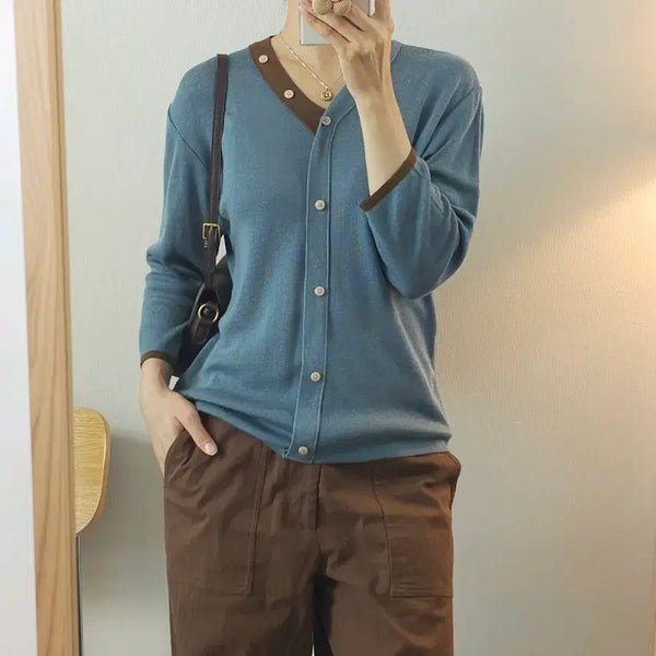 [BUNJANG] The Tilbury Women's Long-Sleeve Knit with Brown Color Blocking / (F)더틸버리 여성 긴팔 니트 배색