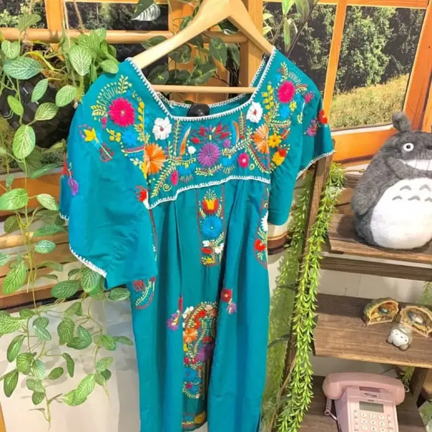 [BUNJANG] Honey & Clover Mexican Embroidered Dress / 하구미 맥시칸 자수 청록 원피스 허니와클로버 히피 빈티지