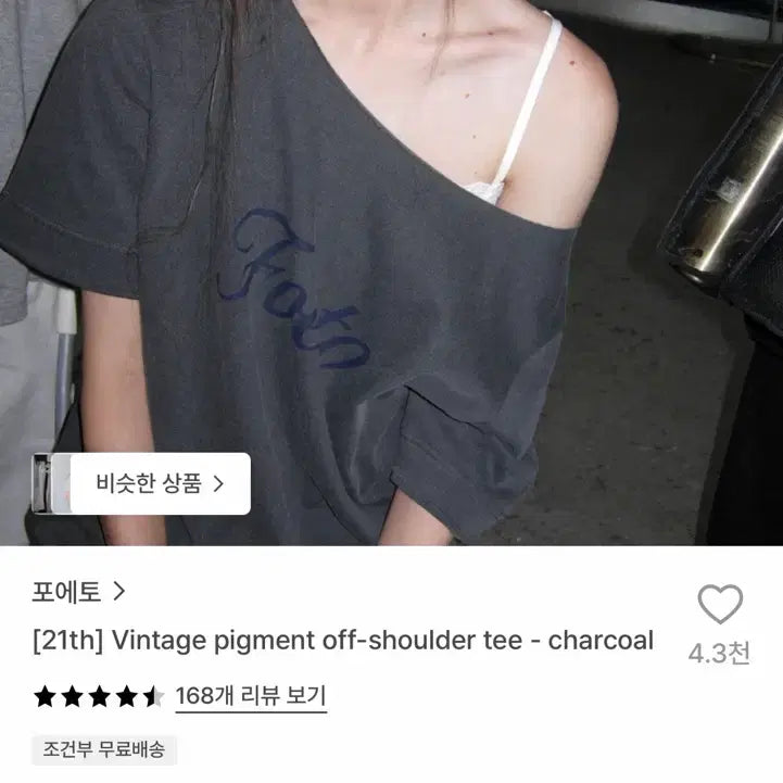 [BUNJANG] POETO Vintage Pigment Off-Shoulder T-Shirt Charcoal / 포에토 빈티지 피그먼트 티셔츠