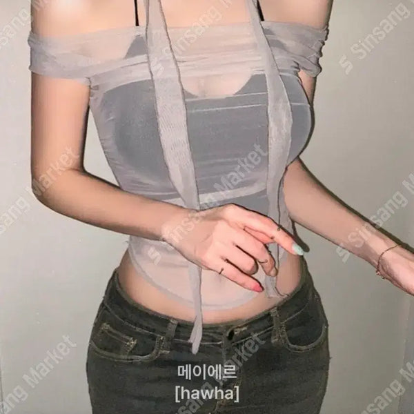 [BUNJANG] Mesh Scarf Round Neck T-Shirt / 망사 스카프 굴림 티셔츠