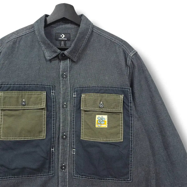 [BUNJANG] Converse Dark Gray & Black Flower Retro Two-Pocket Long-Sleeve Work Shirt / [105] 컨버스 다크그레이 & 블랙 플라워 레트로 투포켓 긴팔 워크셔츠