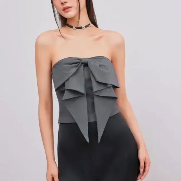 [BUNJANG] CIDER Solid Ribbon Bow Tube Crop Top - Grey, XS / CIDER 샵사이다_솔리드 리본 보우 튜브 크롭탑 -그레이, XS