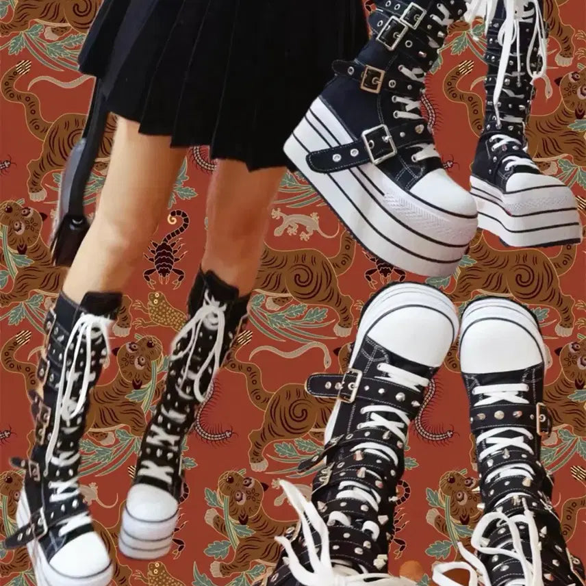 [BUNJANG] Platform Buckle Knee-High Long Sneakers (225) / 갸루 고스룩 스탠딩화 통굽 버클 롱 스니커즈 225 / 굽 6.5cm