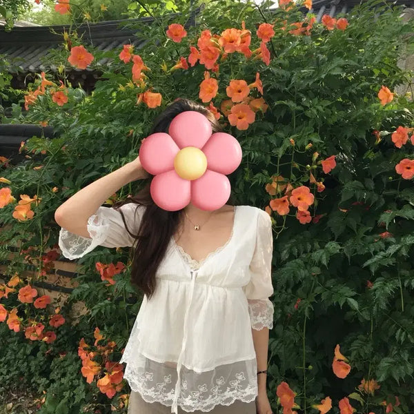 [BUNJANG] Lace Blouse with Ribbon Tie / 블라우스 판매 (한 번 착용)
