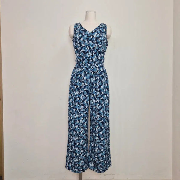 [BUNJANG] GU Blue Floral Jumpsuit Wide Pants / GU 블루 플라워 점프수트 와이드팬츠