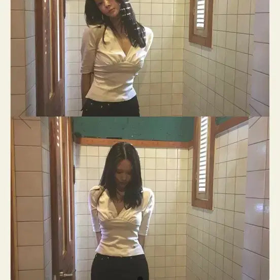 [BUNJANG] Ivory Shimmering V-Neck Tee - White / 아이보렛 셔링 브이넥 티 화이트