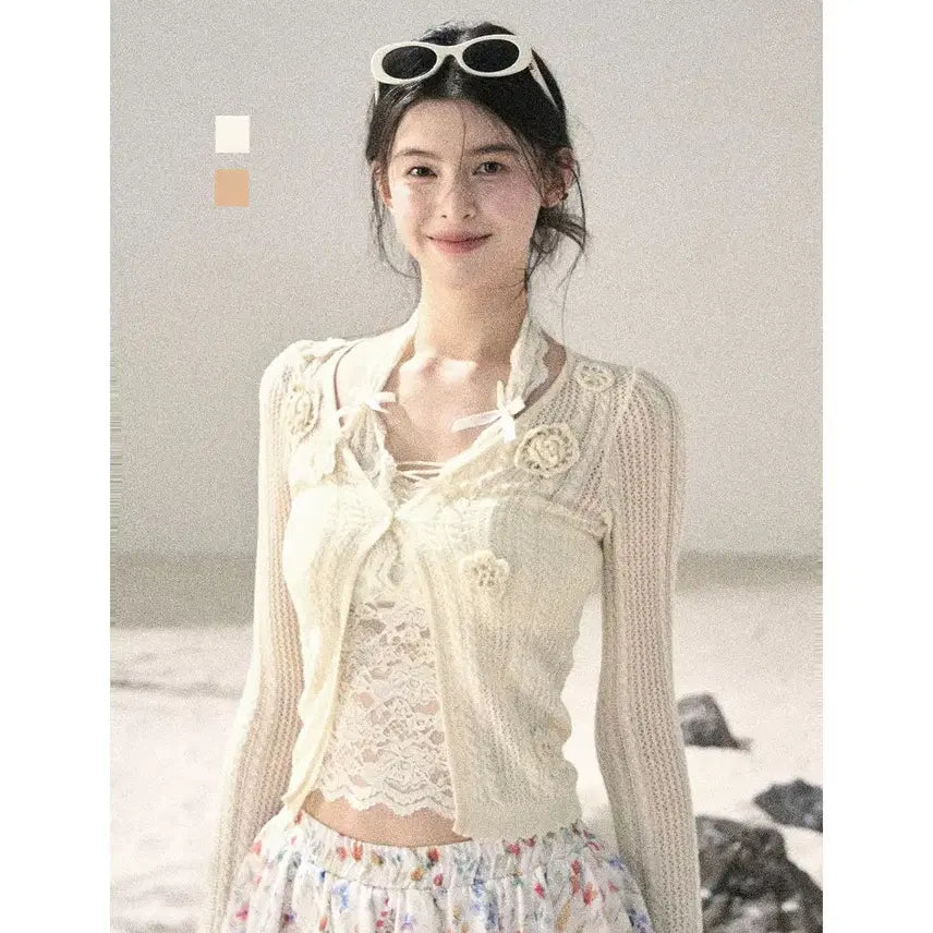 [BUNJANG] SHAOYEYAN French 3D Flower Crop Knit Cardigan / SHAOYEYAN 샤오예얀 프렌치 3D 플라워 크롭 니트 가디건