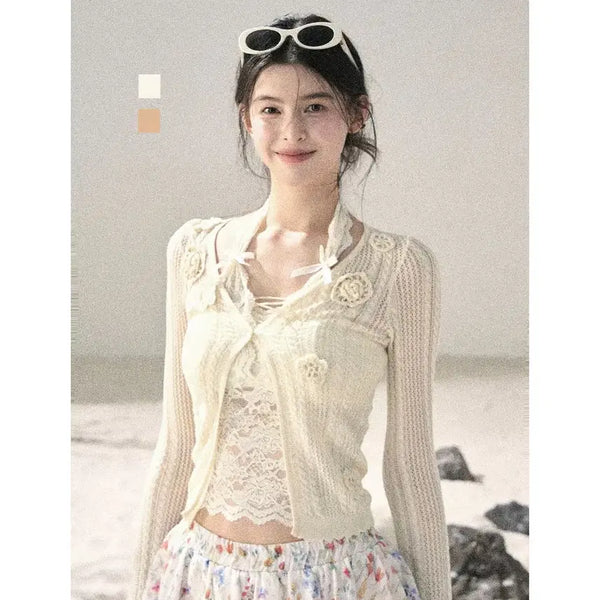 [BUNJANG] SHAOYEYAN French 3D Flower Crop Knit Cardigan / SHAOYEYAN 샤오예얀 프렌치 3D 플라워 크롭 니트 가디건
