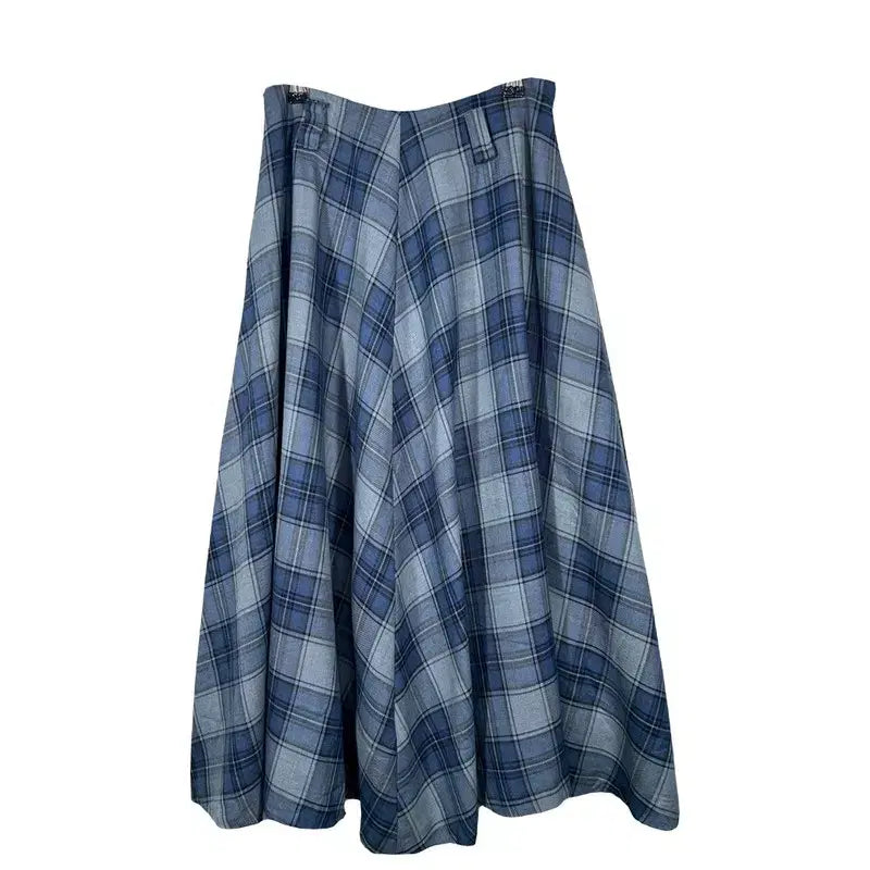 [BUNJANG] Blue Check Flare Long Skirt / 블루 체크 플레어 롱스커트 로맨틱 A라인 치마  [24인치]