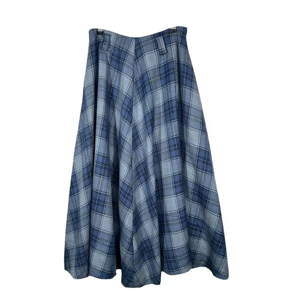 [BUNJANG] Blue Check Flare Long Skirt / 블루 체크 플레어 롱스커트 로맨틱 A라인 치마  [24인치]
