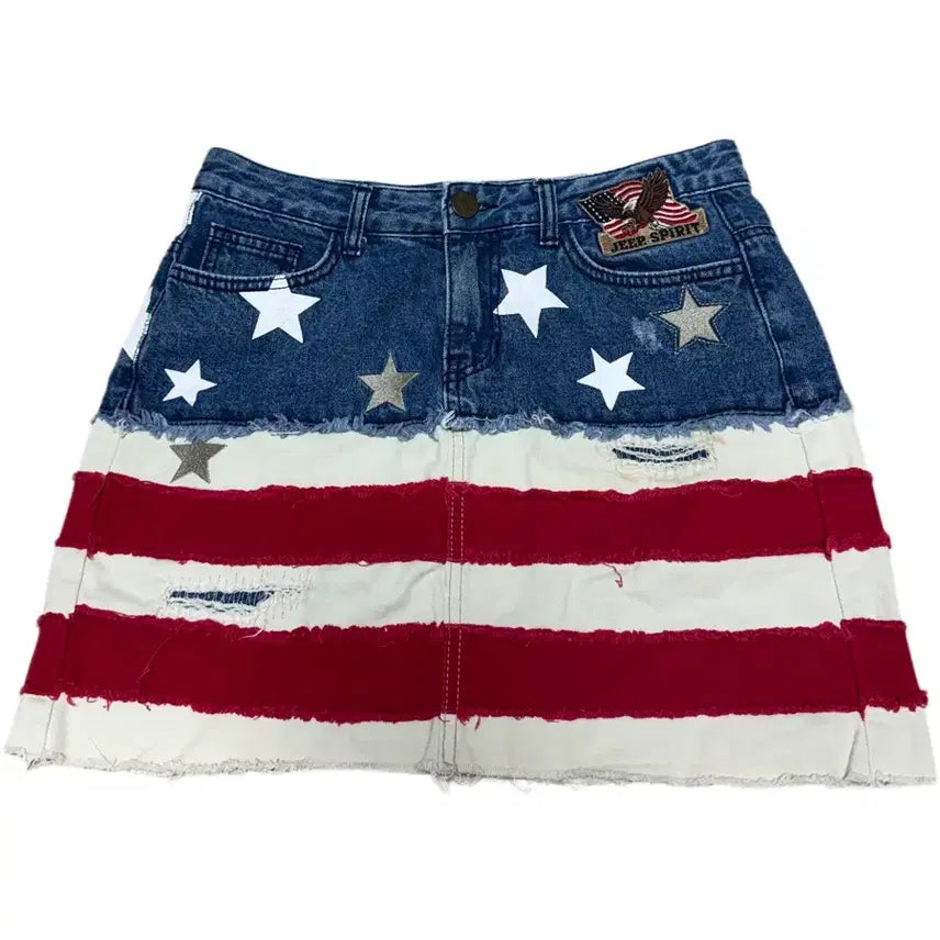 [BUNJANG] Jeep Star-Spangled Banner Distressed Denim Mini Skirt / Jeep 지프 성조기 별 데미지 데님 미니 스커트 28