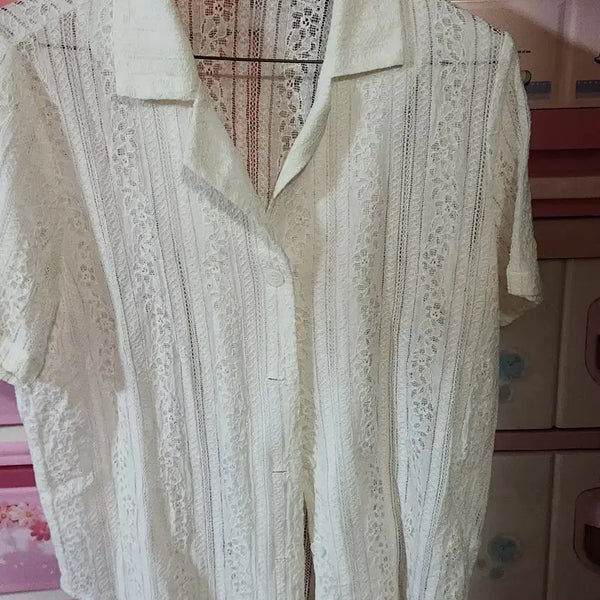 [BUNJANG] Ivory Lace Short Sleeve Blouse / 레이스 반팔 셔츠 아이보리마른66정도이쁨 보탕66도맞음세탁완료