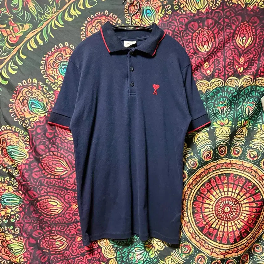 [BUNJANG] AMI Navy Heart Logo Polo Shirt / 아미 네이비 하트 로고 카라티