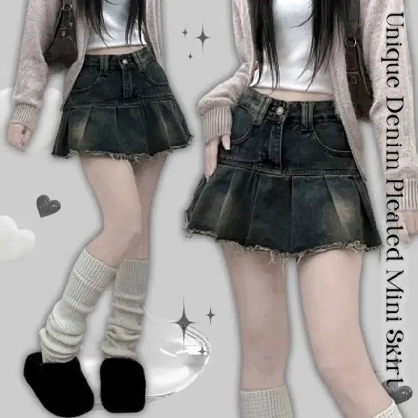 [BUNJANG] Distressed Wash Wrinkle Pleated Denim Mini Skirt / 꼬맹 데미지 워싱 주름 플리츠 데님 미니스커트