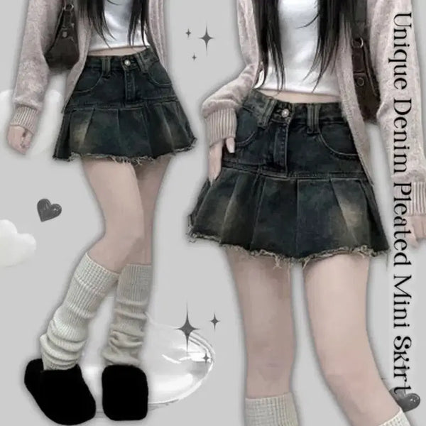 [BUNJANG] Distressed Wash Wrinkle Pleated Denim Mini Skirt / 꼬맹 데미지 워싱 주름 플리츠 데님 미니스커트