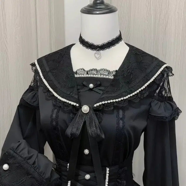 [BUNJANG] Virtual Paradise Sailor Collar Long Sleeve Blouse with Choker - Black / 중브 Virtual Paradise 블라우스 세일러 카라 긴팔 블라우스 블랙 (초커 포함)