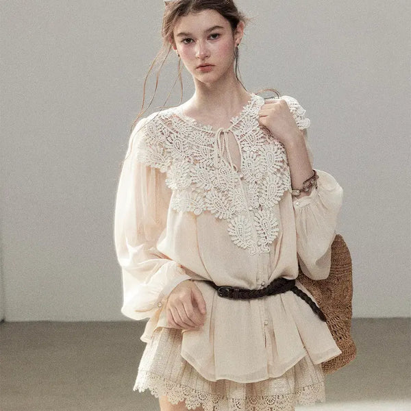 [BUNJANG] Shaoyeyan French Chiffon Embroidered Long Sleeve Belted Blouse / SHAOYEYAN 샤오예얀 프렌치 시폰 자수 롱슬리브 벨트 블라우스