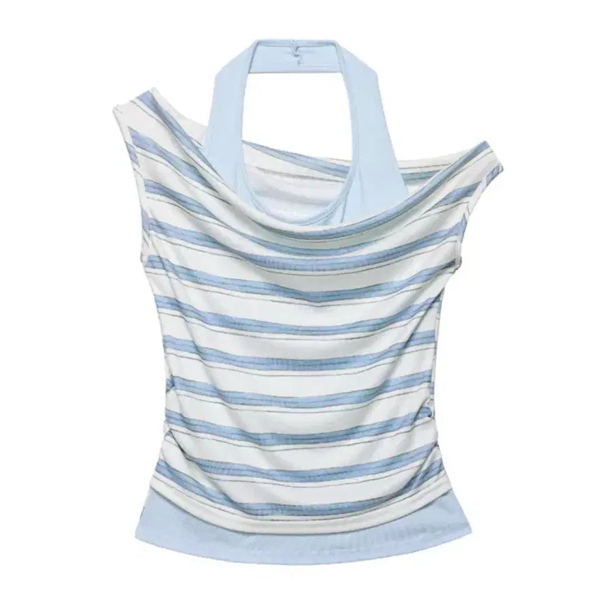 [BUNJANG] Blue Stripe Halterneck Fake Off-Shoulder Sleeveless Top / 블루 스트라이프 홀터넥 페이크 오프숄더 크로스 민소매 나시