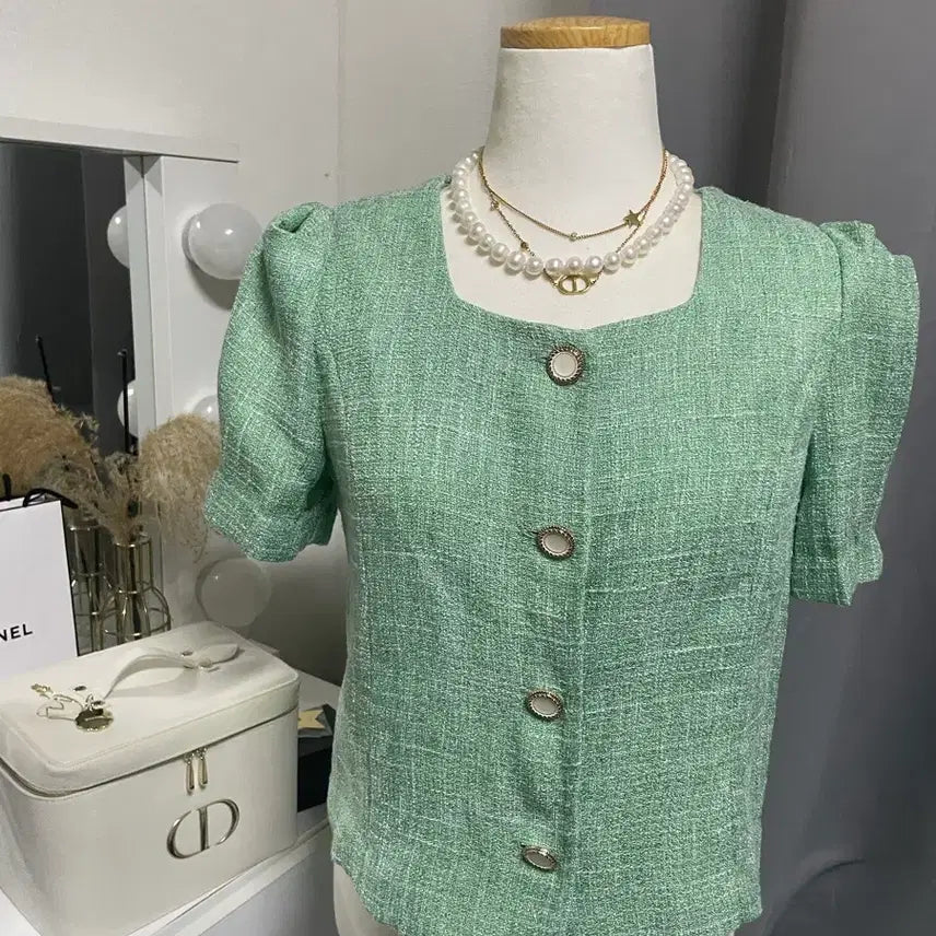 [BUNJANG] MOSS Tweed Square Neck Short Sleeve Jacket Blouse / 정품) 미쏘 트위드 스퀘어넥 반팔 자켓 겸 블라우스