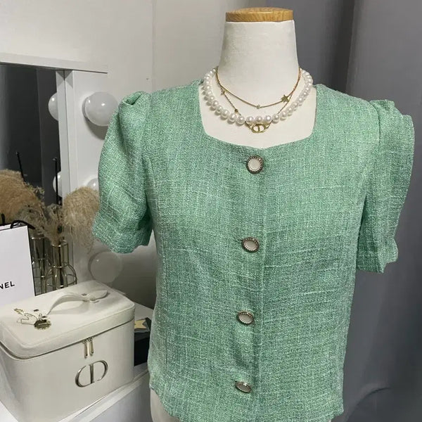[BUNJANG] MOSS Tweed Square Neck Short Sleeve Jacket Blouse / 정품) 미쏘 트위드 스퀘어넥 반팔 자켓 겸 블라우스