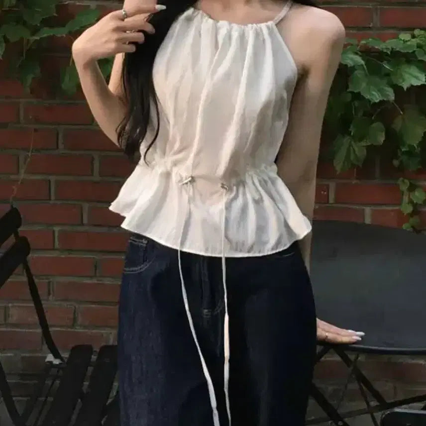 [BUNJANG] Ivory Rayon Nylon Halter Neck Tank Top - Free Size / 아이보리 레이온 나일론 홀터넥 나시 FREE