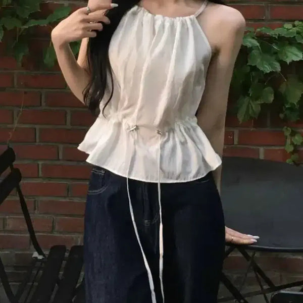 [BUNJANG] Ivory Rayon Nylon Halter Neck Tank Top - Free Size / 아이보리 레이온 나일론 홀터넥 나시 FREE