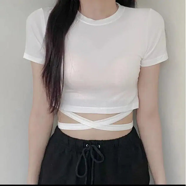 [BUNJANG] Cross Strap Crop T-Shirt / 크로스 끈 반팔 크롭티