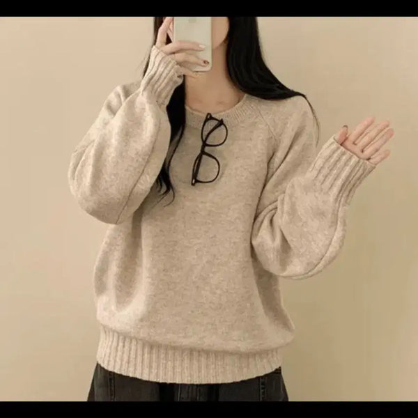 [BUNJANG] Beige Round Neck Knit Sweater / 베이지색 라운두넥 니트