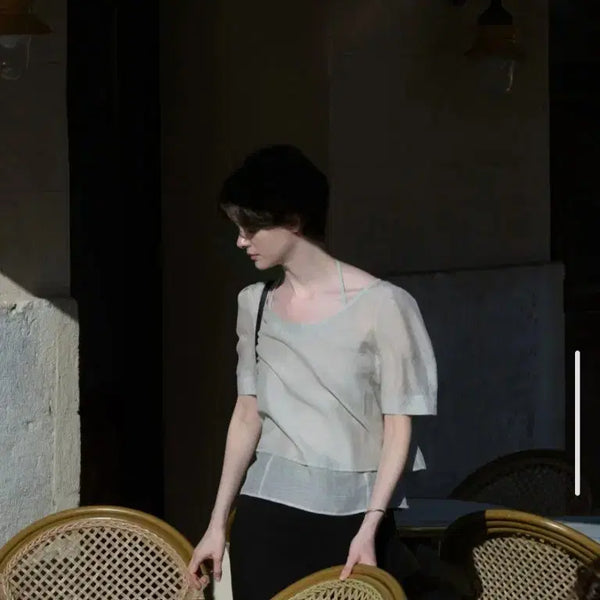 [BUNJANG] L'EVVRE Layered Short Sleeve Blouse - Ivory / 루에브르 레이어드 반팔블라우스 02 아이보리