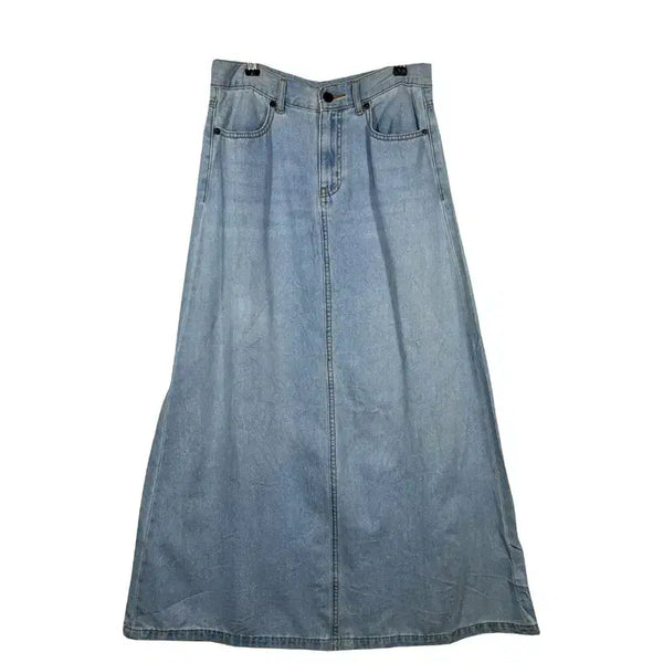 [BUNJANG] GU Light Blue Denim A-Line Maxi Skirt / GU 지유 라이트 블루 연청 데님 롱스커트 A라인 데일리 청치 [28인치] 코튼 혼방