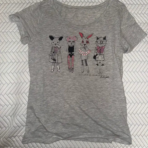 [BUNJANG] Gray Short Sleeve T-Shirt with Cute Character Illustration / 반팔 셔츠