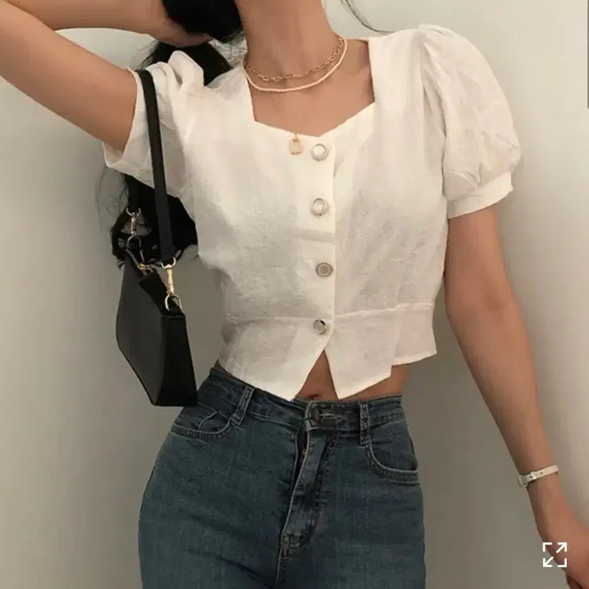 [BUNJANG] Back Ribbon Cropped Jacquard Blouse / 뒷리본 잘록 크롭 자가드 블라우스